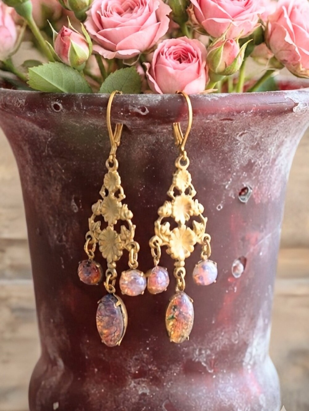 Victorian Pink Fire Opal Chandelier Gold 18K Drop Earrings